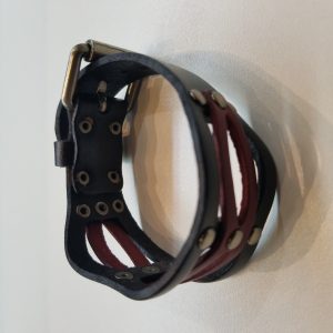 Unique, Curvy Leather Bracelet – Red, Black, and Silver